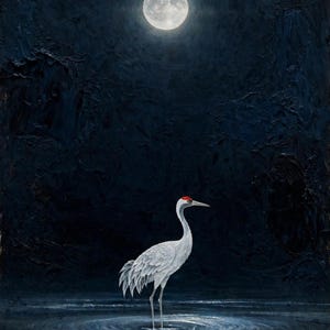 Korean crane art print: a white crane standing in shallow water under a full moon on a deep navy night sky.