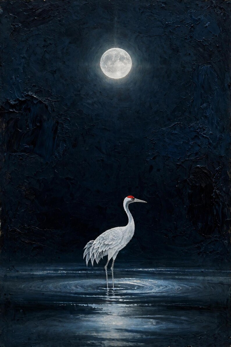 Korean crane art print: a white crane standing in shallow water under a full moon on a deep navy night sky.