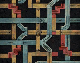 May include: A digital illustration featuring a complex grid of intersecting lines in shades of blue, yellow, and red against a dark, textured black background. The lines form geometric patterns with various small, intricate symbols.
