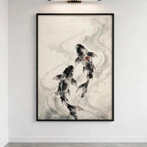 Ink koi print, one of the six set designs, shown framed on a white gallery wall (digital room mockup).