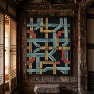 Dancheong pattern print, one of the six set designs, shown framed in a hanok interior (digital room mockup).