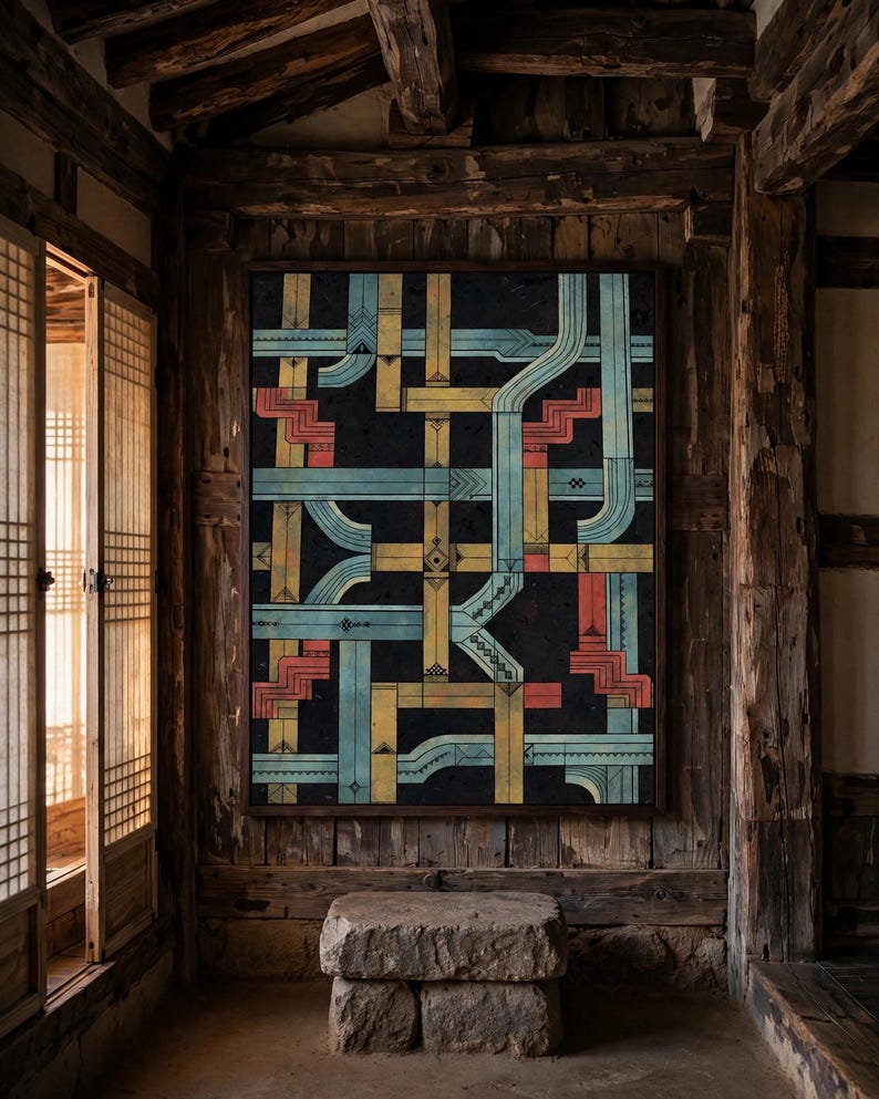 Dancheong pattern print, one of the six set designs, shown framed in a hanok interior (digital room mockup).