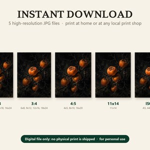 What you get with the persimmon printable: five high-resolution JPG files in 2:3, 3:4, 4:5, 11x14 and ISO A ratios; digital file only, no print is shipped.