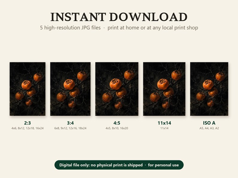 What you get with the persimmon printable: five high-resolution JPG files in 2:3, 3:4, 4:5, 11x14 and ISO A ratios; digital file only, no print is shipped.