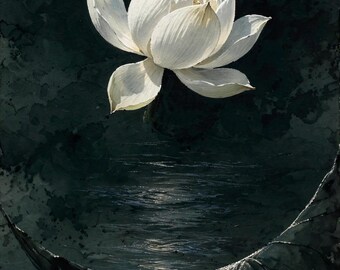 May include: A white lotus flower in full bloom is positioned above a dark, curved leaf that rests on the surface of deep, rippling water. The background is a dark, textured wash, creating a high-contrast scene with the bright white petals.