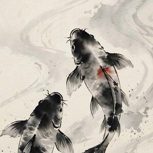 Close-up of the ink carp print: two grey and black ink carp, one with a small red mark, swimming through swirling water.