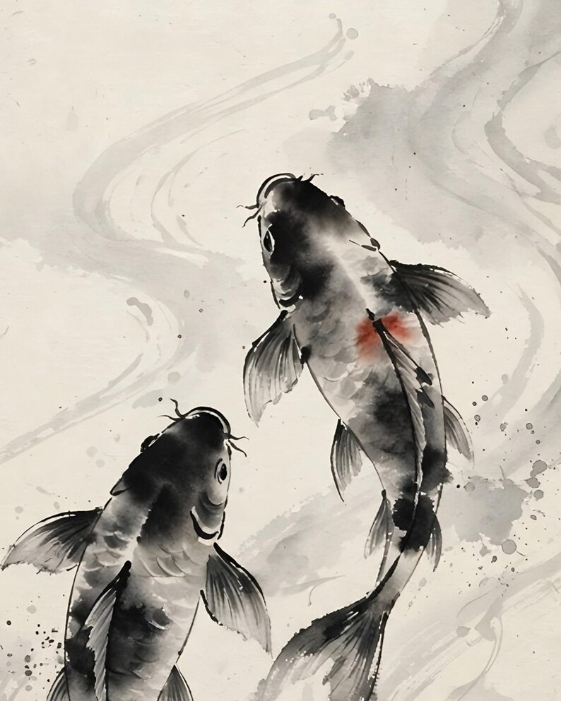 Close-up of the ink carp print: two grey and black ink carp, one with a small red mark, swimming through swirling water.