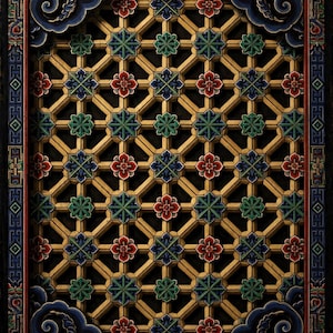 May include: A rectangular wooden lattice screen featuring a repeating geometric grid pattern. The structure is painted in gold, with alternating red floral motifs and green star-shaped accents. The frame is decorated with blue and red swirls.