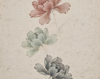 May include: A vertical arrangement of three watercolor-style flowers on a speckled off-white background. The top flower is dusty rose, the middle is sage green, and the bottom is slate gray. Each bloom features layered, translucent petals.