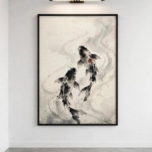 Ink koi print shown framed on a white gallery wall under a brass picture light (digital room mockup).