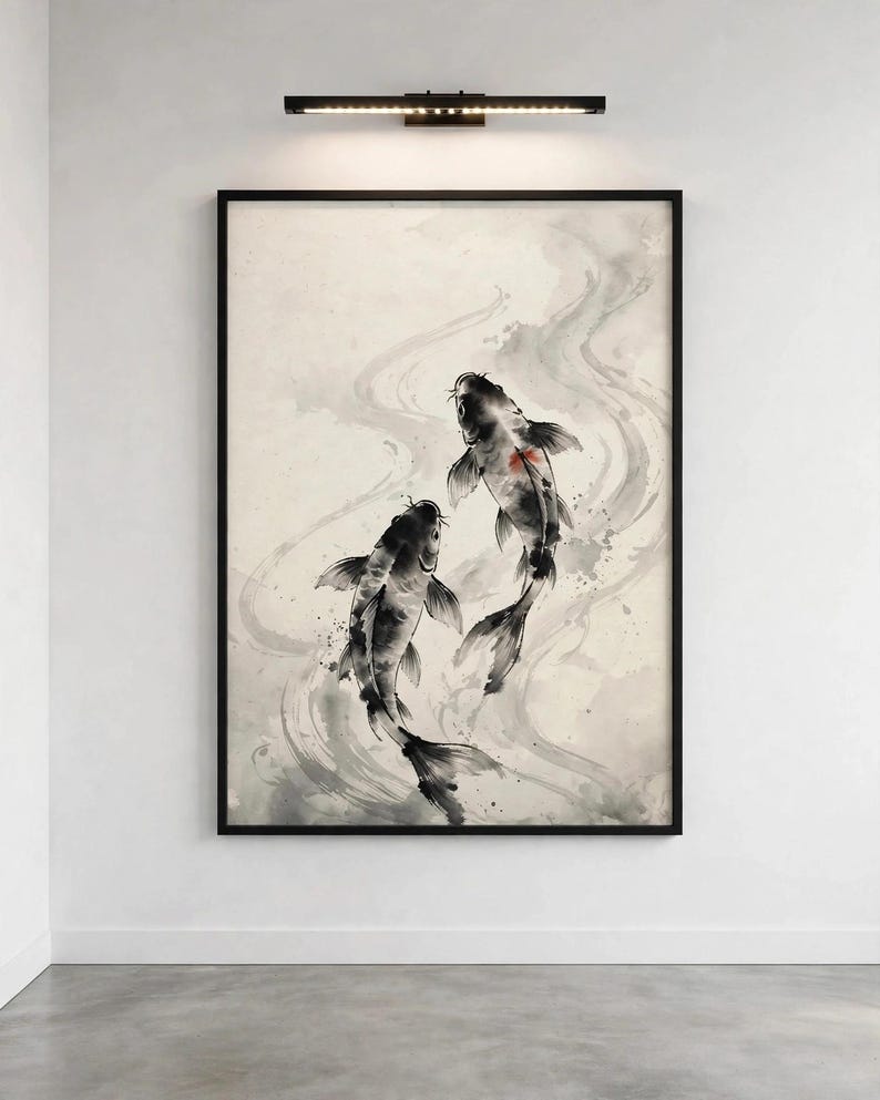 Ink koi print shown framed on a white gallery wall under a brass picture light (digital room mockup).