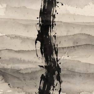 Close-up of the abstract ink wash print: a single dark vertical brushstroke over soft grey horizontal washes.