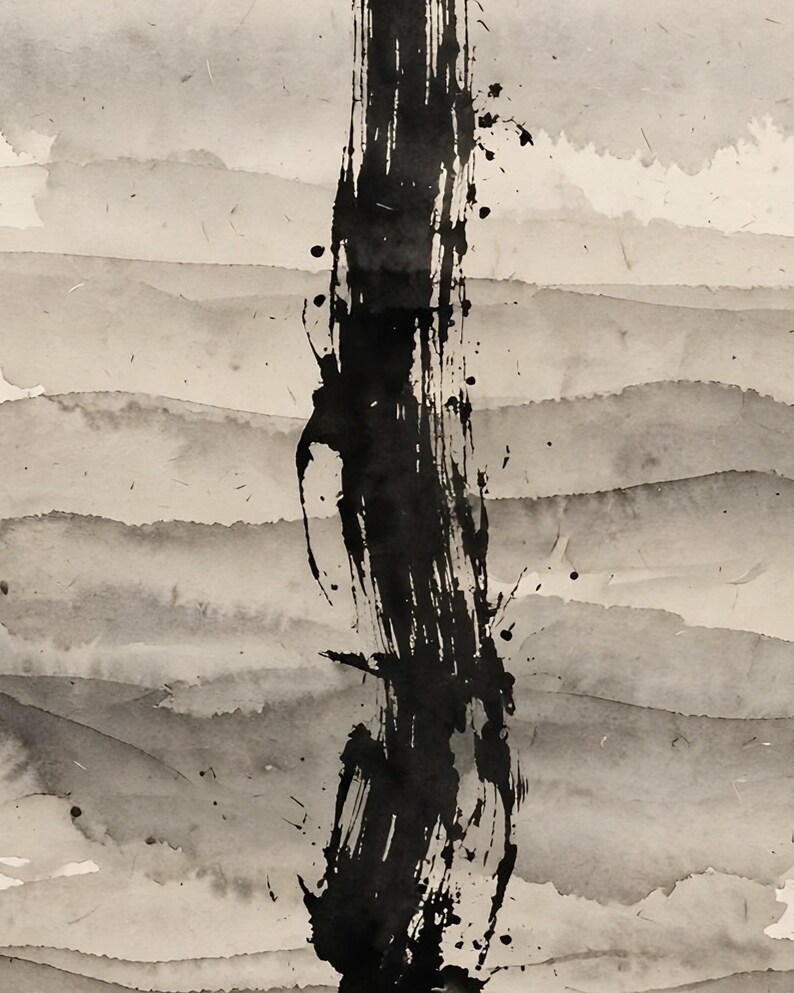 Close-up of the abstract ink wash print: a single dark vertical brushstroke over soft grey horizontal washes.