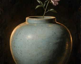 May include: A pale blue ceramic vase with a visible crackle glaze finish, featuring a rounded body and a short neck. A single light pink peony flower with green leaves is placed inside the vase against a dark, solid background.