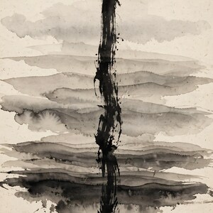 Abstract ink wash printable wall art (digital download): one vertical black brushstroke over horizontal bands of gray ink, like fog on a river, on beige paper.
