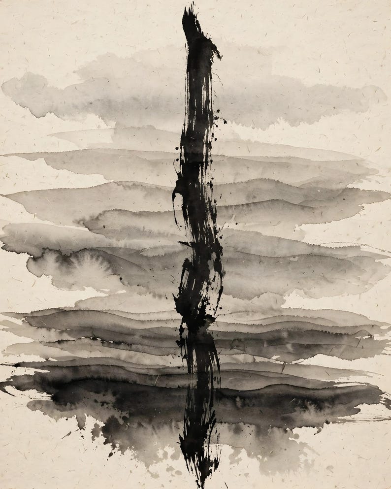 Abstract ink wash printable wall art (digital download): one vertical black brushstroke over horizontal bands of gray ink, like fog on a river, on beige paper.