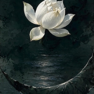 Puede incluir: Una flor de loto blanca con pétalos en capas se sitúa sobre una superficie de agua oscura y ondulante. Una hoja grande, curva y de color verde oscuro se extiende desde la esquina inferior derecha, parcialmente sumergida en el agua.