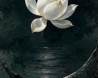 May include: A white lotus flower with layered petals is positioned above a dark, rippling water surface. A large, curved, dark green leaf extends from the bottom right corner, partially submerged in the water against a deep, moody background.