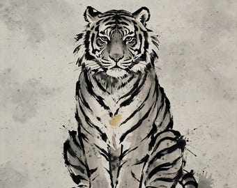 May include: A black and white ink wash painting of a tiger sitting in a forward-facing position. The tiger features detailed black stripes, a focused expression, and a long tail curled at the base, set against a light gray textured background.