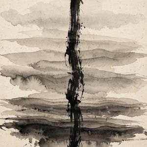 Abstract ink wash art print: one vertical black brushstroke over horizontal bands of gray ink, like fog on a river, on beige paper.