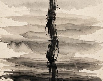 May include: A vertical ink wash painting on textured off-white paper featuring a single, bold, dark black brushstroke running down the center, layered over horizontal, translucent gray washes that create a soft, atmospheric effect.