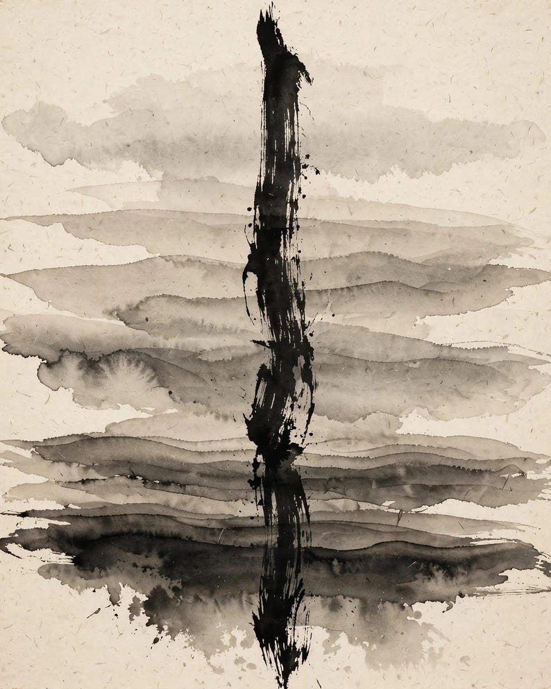 Abstract ink wash art print: one vertical black brushstroke over horizontal bands of gray ink, like fog on a river, on beige paper.