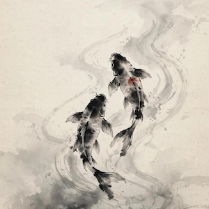 May include: An ink wash painting on textured paper depicting two koi fish swimming in swirling water. The fish are rendered in shades of black and gray, with one fish featuring a small, distinct red mark on its side. The brushstrokes create a sense of fluid motion.