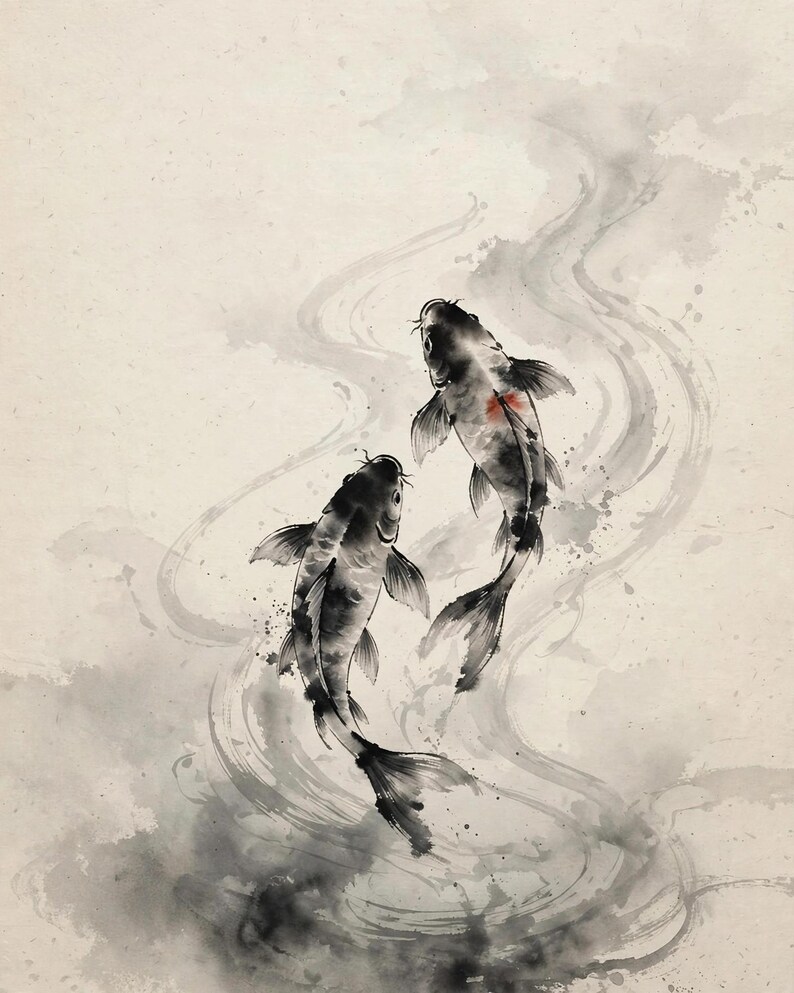 Ink carp art print: two koi fish painted in black ink swirling through soft gray water on cream paper, with a touch of red.