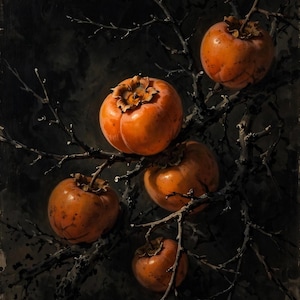 Korean persimmon art print: ripe orange persimmons on a bare dark branch against a black background.