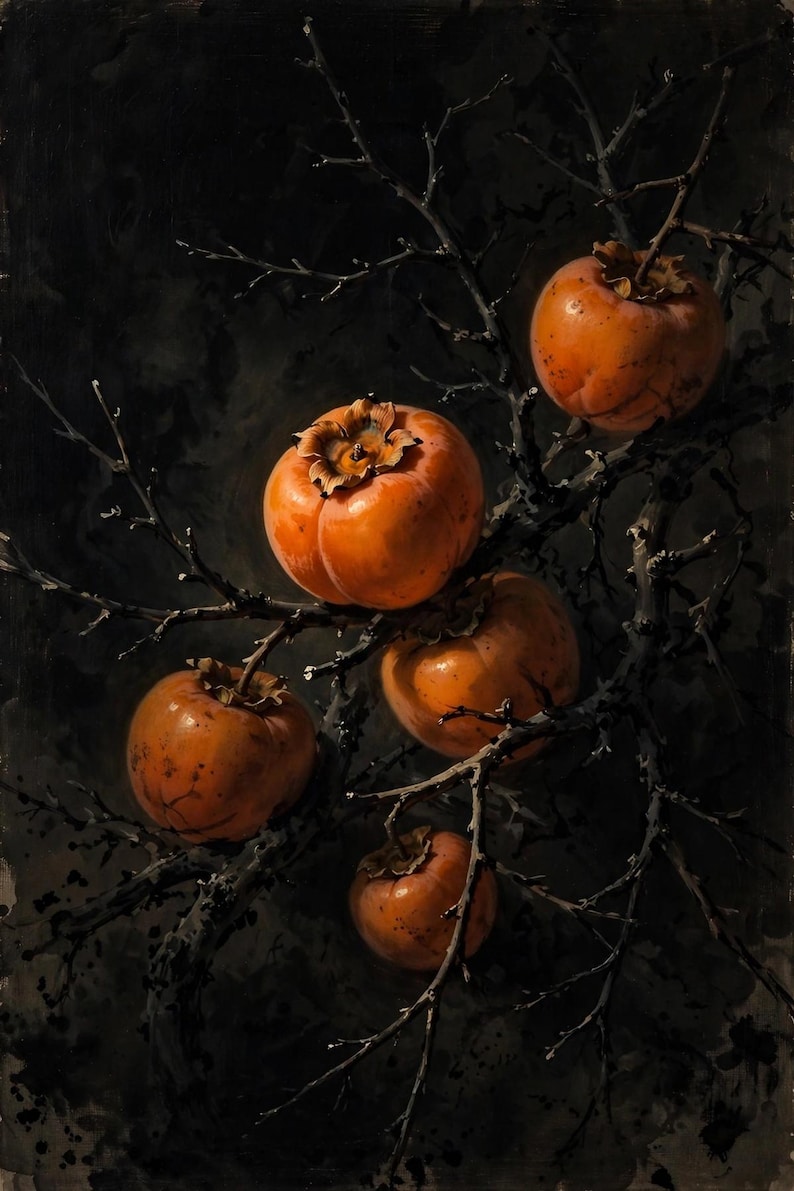 Korean persimmon art print: ripe orange persimmons on a bare dark branch against a black background.