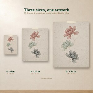 Size comparison of the peony print in 4x6, 8x10 and 11x14 inches, side by side on one wall.