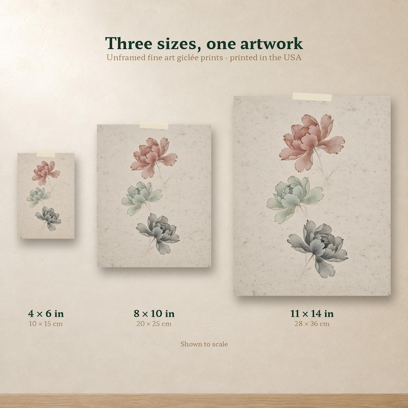 Size comparison of the peony print in 4x6, 8x10 and 11x14 inches, side by side on one wall.