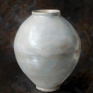 May include: A round, off-white ceramic vessel with a wide, bulbous body and a narrow, short neck. The surface features a subtle, fine crackle glaze pattern throughout, with faint brownish horizontal lines and a smooth, circular rim opening.
