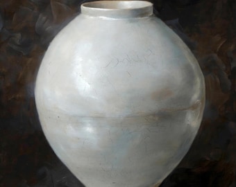 May include: A round, off-white ceramic vessel with a wide, bulbous body and a narrow, short neck. The surface features a subtle, fine crackle glaze pattern throughout, with faint brownish horizontal lines and a smooth, circular rim opening.
