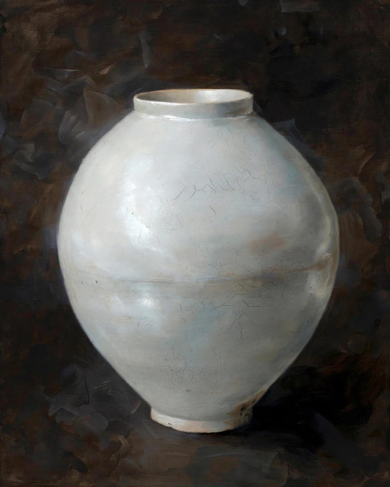 Korean moon jar art print: a round white porcelain jar painted against a dark brown background.