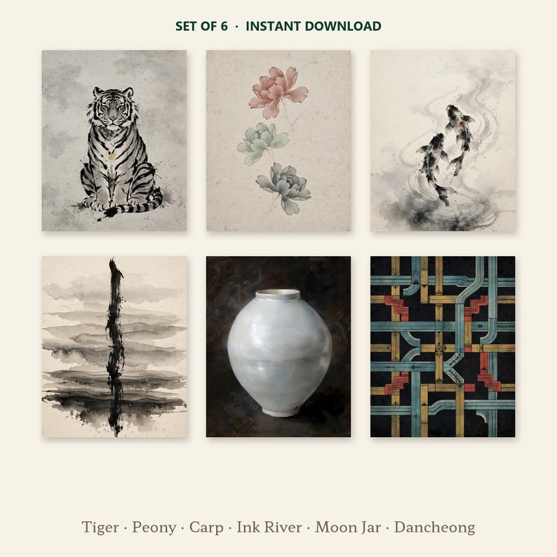 Set of six Korean art printables in a grid: ink tiger, three peonies, two ink carp, abstract ink river, white moon jar and a dancheong pattern.