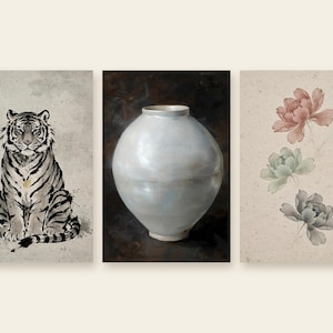 Set of three Korean art prints: minhwa tiger, moon jar and peony, side by side on a cream background.