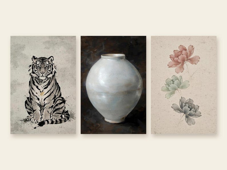 Set of three Korean art prints: minhwa tiger, moon jar and peony, side by side on a cream background.
