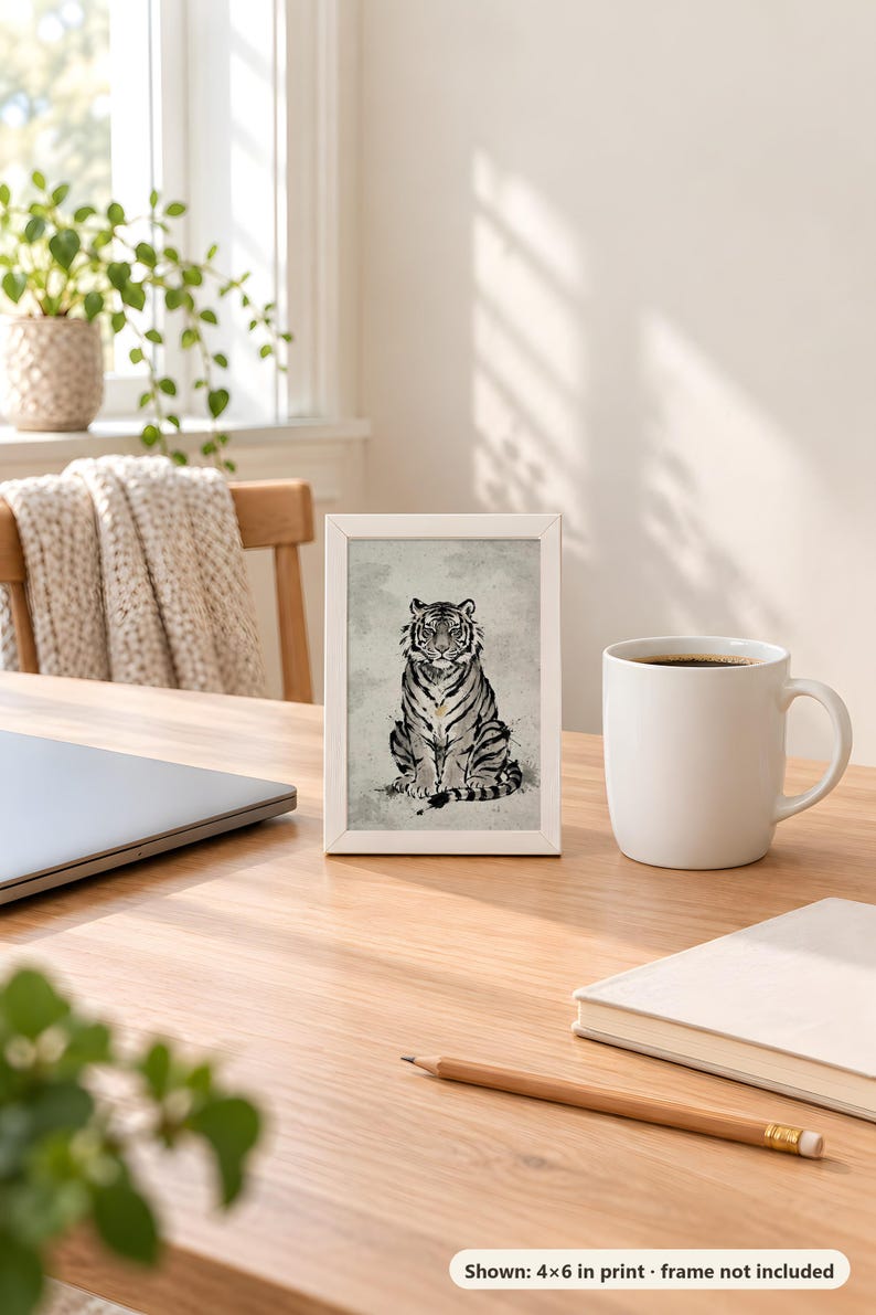 Korean tiger print in the 4x6 inch size standing on a wooden desk next to a coffee mug; the frame shown is not included.