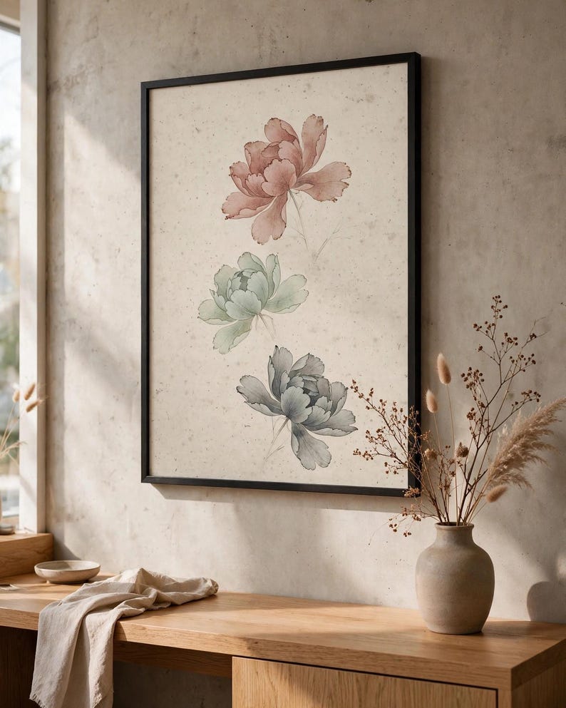 Peony print, one of the six set designs, shown framed above a wooden console (digital room mockup).