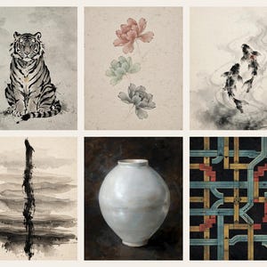The six designs you can choose from for the set of three: tiger, peony, ink koi, ink wash, moon jar and dancheong.
