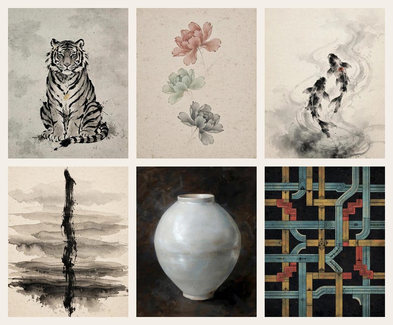 The six designs you can choose from for the set of three: tiger, peony, ink koi, ink wash, moon jar and dancheong.