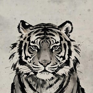 Close-up of the Korean tiger print: the calm face, whiskers and loose black ink stripes on grey paper texture.