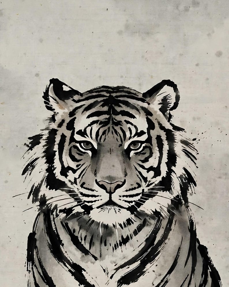 Close-up of the Korean tiger print: the calm face, whiskers and loose black ink stripes on grey paper texture.