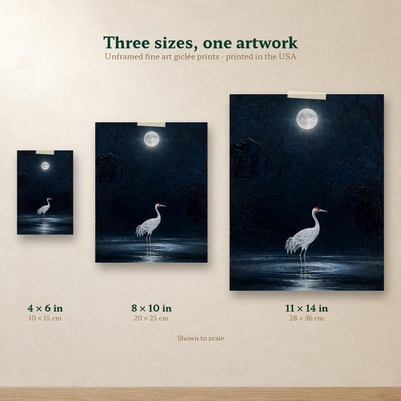 Size comparison of the moonlit crane print in 4x6, 8x10 and 11x14 inches, side by side on one wall.