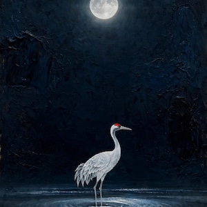 Korean crane printable wall art (digital download): a white crane standing in shallow water under a full moon on a deep navy night sky.