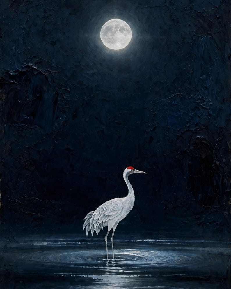 Korean crane printable wall art (digital download): a white crane standing in shallow water under a full moon on a deep navy night sky.