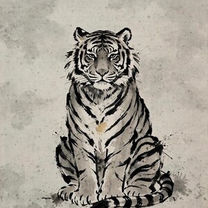 May include: A black and white ink wash painting of a tiger sitting in a forward-facing position. The tiger features detailed black stripes, a focused gaze, and a long tail curled at the base, set against a textured, light gray background.