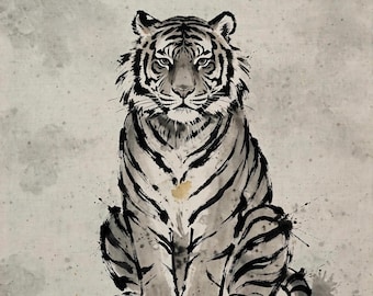 May include: A black and white ink wash painting of a tiger sitting in a forward-facing position. The tiger features detailed black stripes, a focused gaze, and a long tail curled at the base, set against a textured, light gray background.