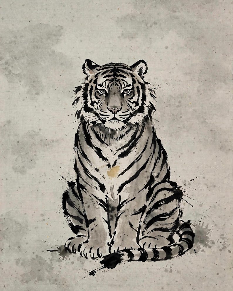 Korean minhwa tiger art print: a seated tiger drawn in black ink on a soft gray, textured paper background.
